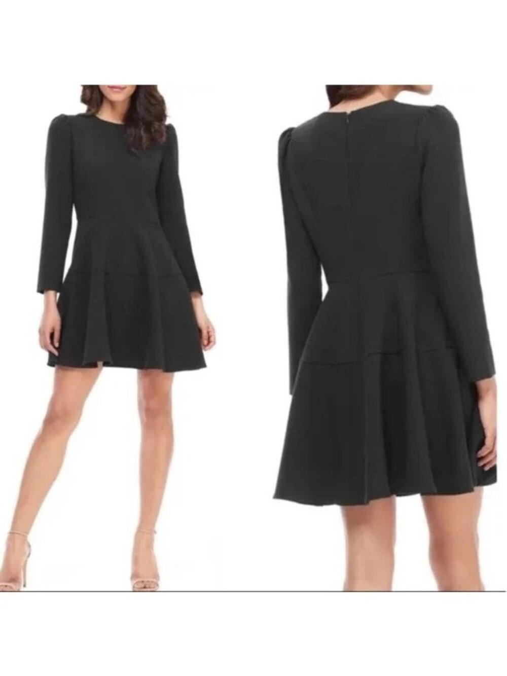 Gal Meets Glam Black Celeste Puff Shoulder Long Sleeve Fit Flare Mini Dress SZ 6